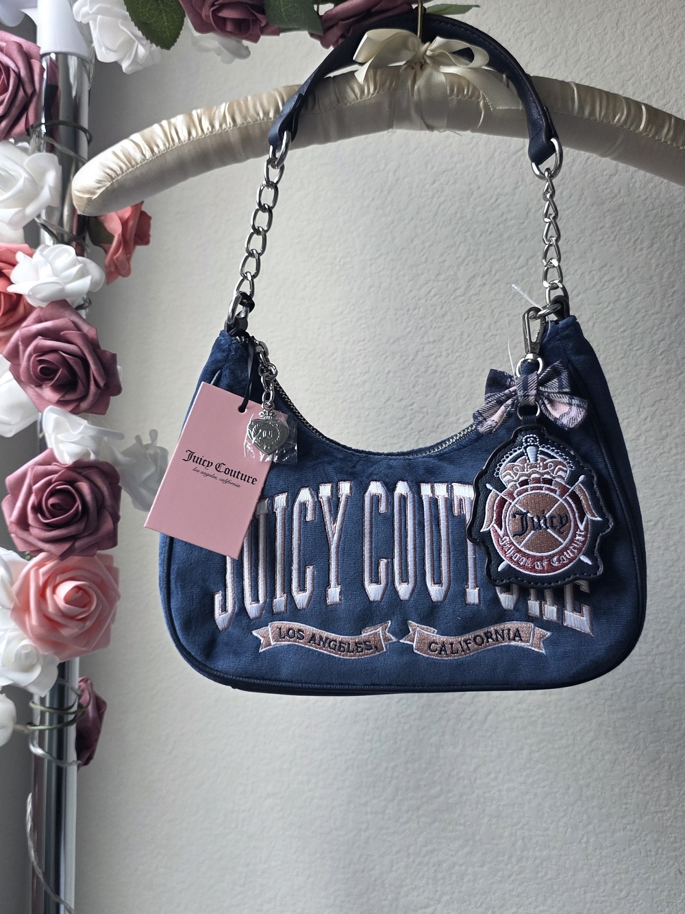 Juicy Couture Navy and Pale Pink Embroidered Shoulder Bag
